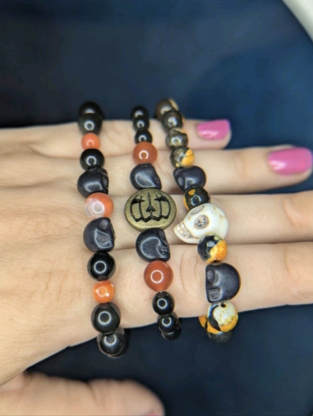 Halloween Themed Handmade Beaded Elastic Bracelet Lot Of 3